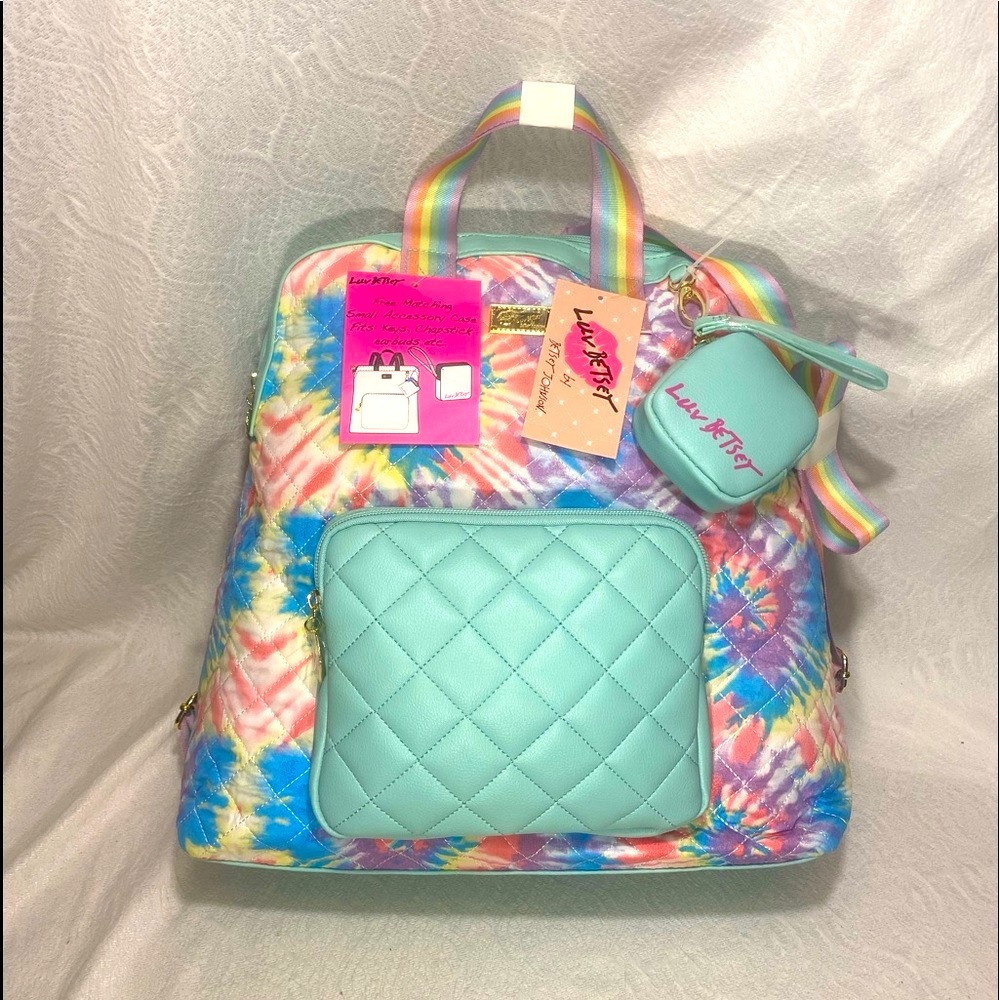 Betsey Johnson tie tye dye die teal backpack back pack rainbow Luv Womans bag